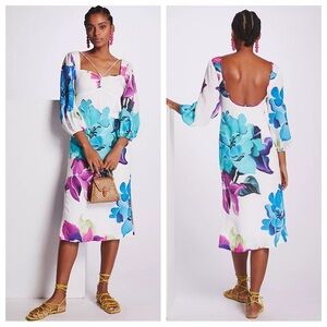 Anthropologie Maeve Botanical Floral Print Boho Open Back Midi Dress